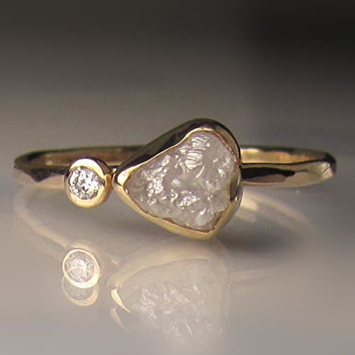 White Raw Diamond Ring in 14k Yellow Gold