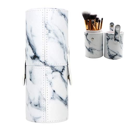 Makeup Brushes Holder Marble Make Up Brush Cup Organizer Large Travel Cosmetic Storage Case for Women Face Eyeliner Blush Contour Foundation White PU Leather