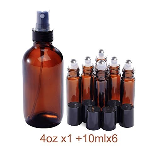4oz and 10ml (1+6) Spray Bottle and Roller Bottle Set, Empty Refillable Glass Bottles, Stainless Steel Roll On Balls, Black Fine Mist Sprayer, for EO, Tonner, Perfume or DIY Mosquito Repellent Amber