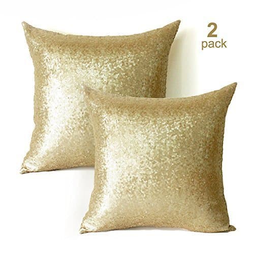 Sequin Pillow Covers 18x18 Inch-2 Pack Square Gold sequin pillow case,Glitter Decorative Throw Pillow Cases With Hidden Zipper & Luxury Satin Back Side