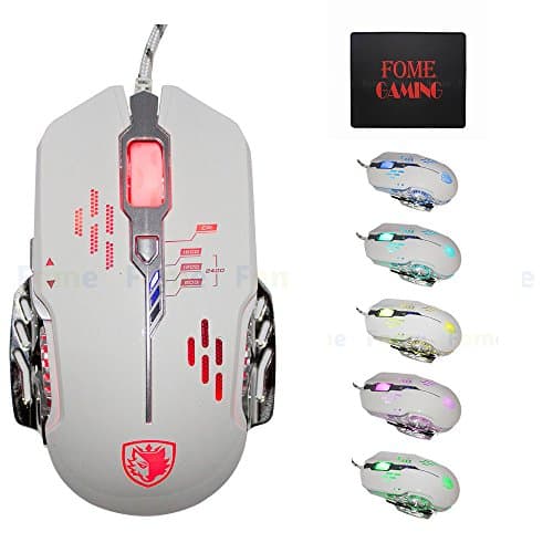 USB Wired Gaming Mouse, FOME GAMING Flash Wing Optical PC Gaming Mouse Mice 800/1200/1600/2400DPI 6 Buttons 6 LED Light Omron Micro Switches Compatible with Windows MAC White + FOME GAMING Mouse Pad