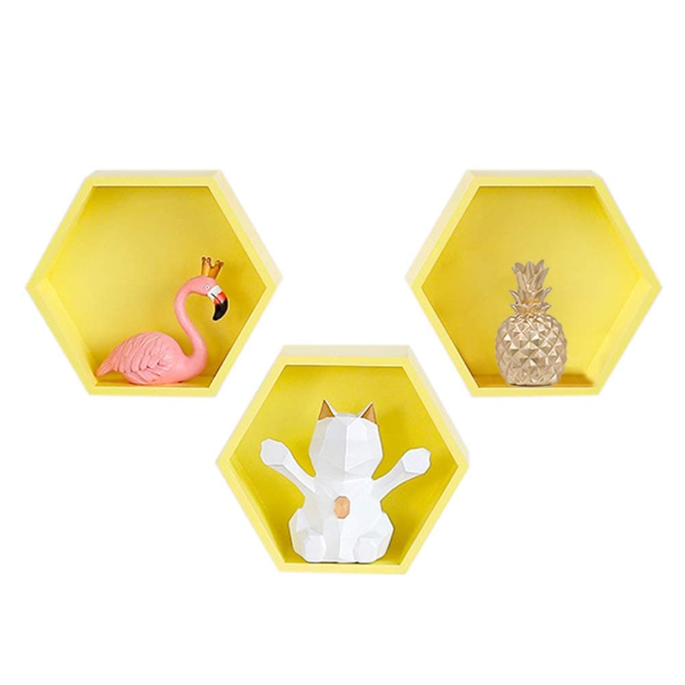 Baffect Set of 3 Hexagon Shelves Floating Hexagonal Wall Shelf,Wooden Box Shelf Hexagonal Floating Shelves Hexagon Shelf for Wall Hanging Shelf Organizer (Yellow)