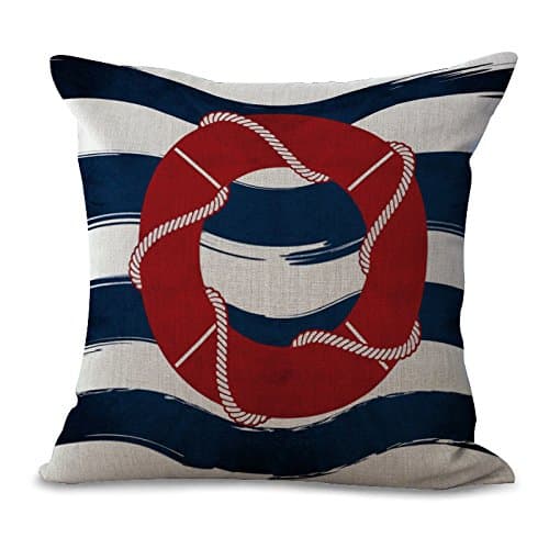 Miracle Dec Stripes Buoy Pattern Linen&Polyester Square Throw Pillow Covers Cushion Cases Textured (18"x18", Blue&Red)