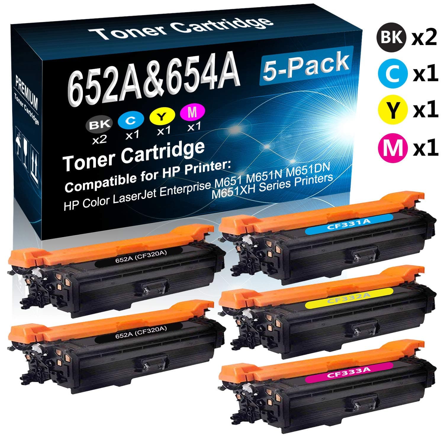5-Pack (2BK+C+Y+M) Compatible High Yield 652A / 654A (CF320A CF331A CF332A CF333A) Printer Toner Cartridge use for HP Color Laserjet Enterprise M651 M651N M651DN M651XH Series Printers