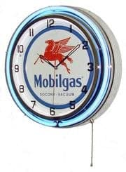 Neon 18" Tin Wall Clock Mobilgas Blue