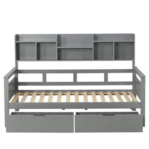 3ft Single Bed Frame with Bookcase Headboard & 2 Storage Drawers, Wooden Functional Platform Bed with Safety Guardrail, Space-Saving Daybed Guest Beds for Adults Kids Teenagers, Grey, 90x190 cm