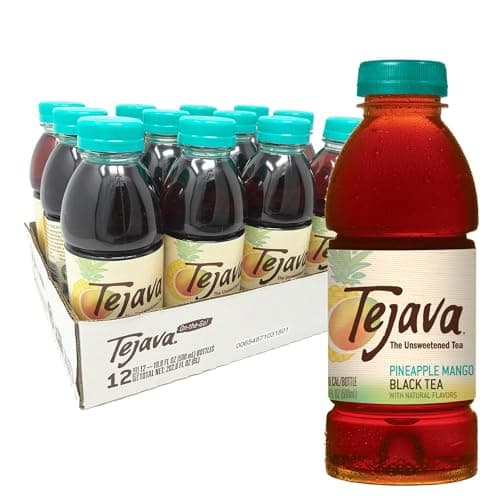 Tejava Pineapple Mango Black Iced Tea, 12 Pack, 16.9oz PET Bottles, Unsweetened, Non-GMO, Kosher, No Sugar or Sweeteners, No calories, No Preservatives, Brewed in Small Batches