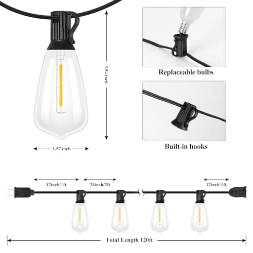 Brightever 120FT Outdoor String Lights Waterproof, 2700K Bright LED Patio Lights with 62 ST38 Shatterproof Vintage Bulbs, Retro Connectable Edison String Lights for Outside, Garden, Balcony, Porch