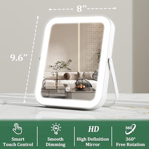 ROLOVE 8"x10" Lighted Vanity Mirror, Makeup Mirror with Light, Dimmable Touch Screen, Portable Travel Mirror with U-Shaped Bracket, Cosmetic Mirror with Lights for Makeup Desk & Dressing Room