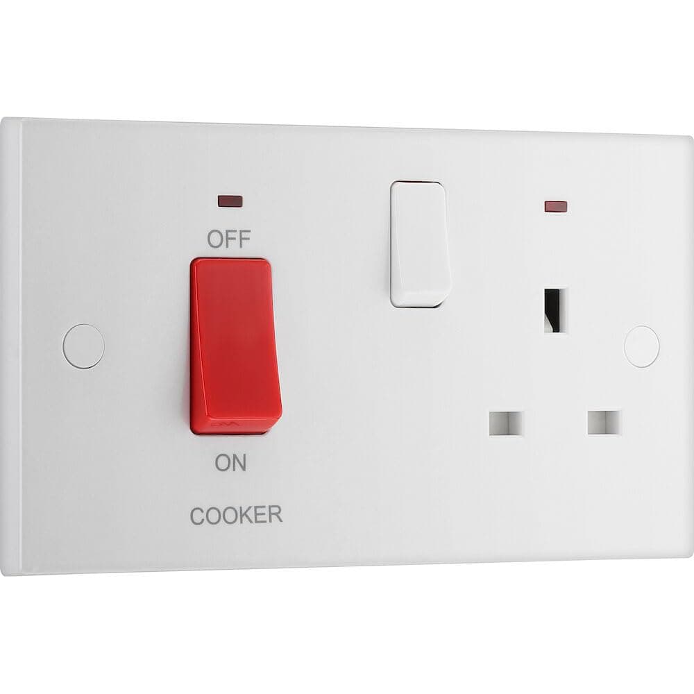BG Electrical Cooker Switch with Socket and LED, Cooker Control Unit, Control Socket, Double Pole, Square Edges, Nexus 900 Series, White Moulded, Square Edge, 45A, 970