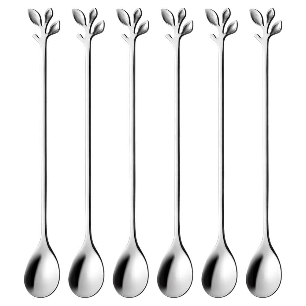 AnSaw Long Handle Iced Tea Spoons set, 6 Pcs 7.4" Ice Cream Spoon, Creative Silver Leaf Cocktail Stirring Spoons, Premium Food Grade Stainless Steel, Mirror Finish & Dishwasher Safe (Silver, 6 Spoons)