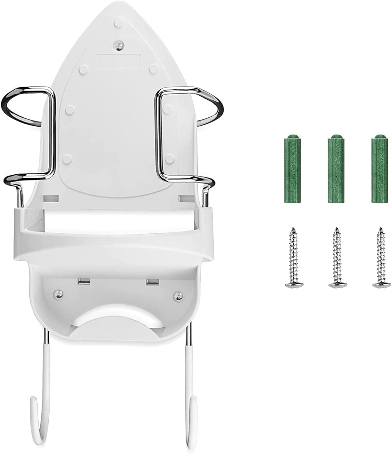 DOUBLE 2 C Ironing Board Hanger Wall Mount Electric Iron Holder Iron and Ironing Board Storage Organizer Shelf with Removable Hooks for Household Bathroom Laundry Room(White)