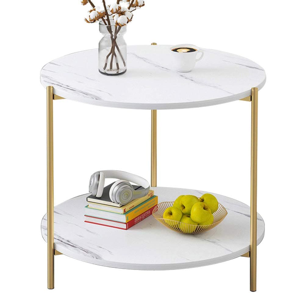 End Table Small Table Marble Pattern Wooden Double Sofa Side Table Coffee Table Suitable for Living Room Office (Circle, White)