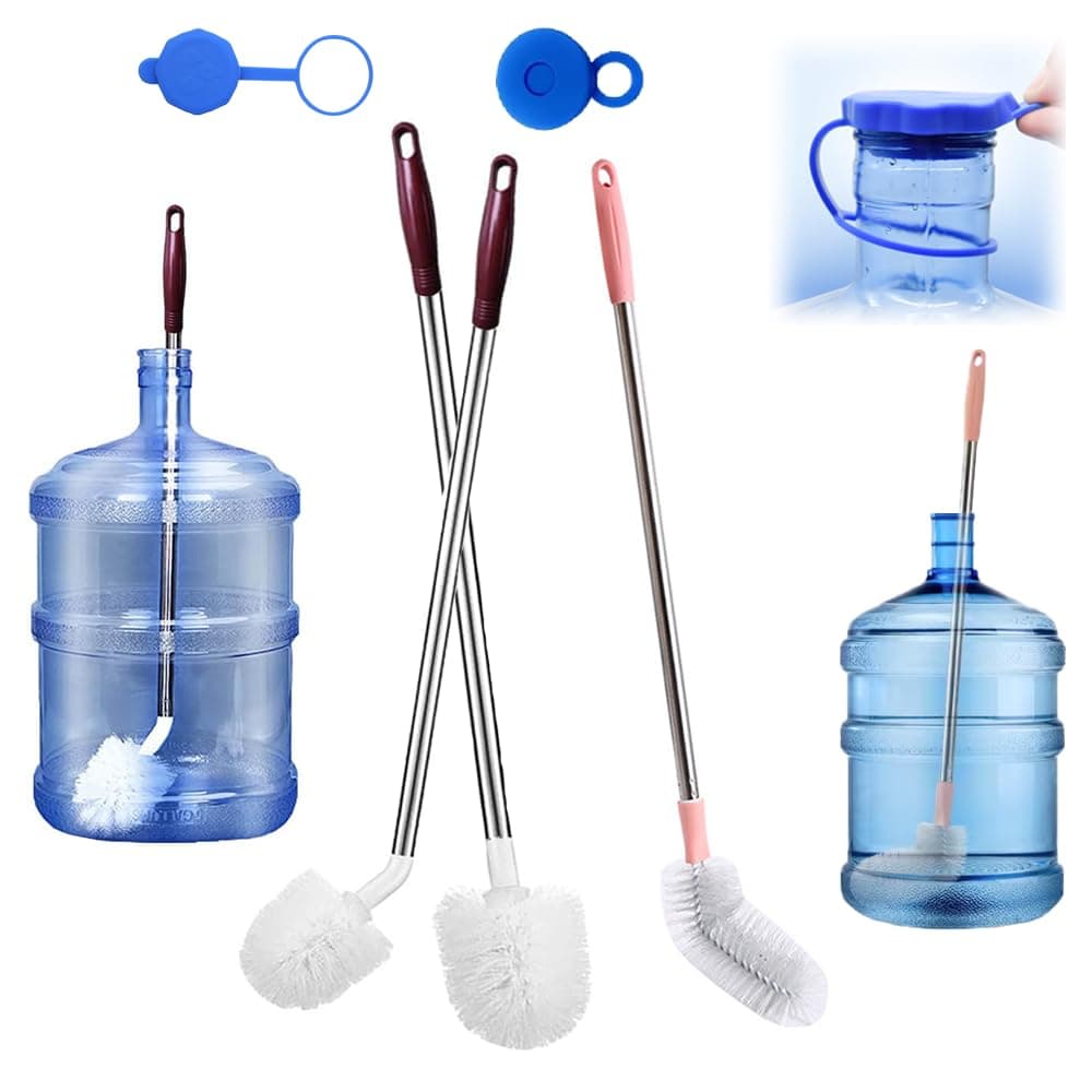 Bottle Brush, 3 Pack Long Handled Bucket Brushes with 2 Water Jug Caps, Stiff Nylon Bristles and Stainless Steel Handle, Suitable for Cleaning 1 to 5 Gallon Buckets, Glassware, Mugs