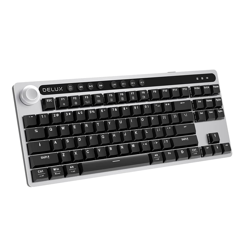 DeLUXWireless Mechanical Keyboard with Dial & Tri-Mode Connection, Low Profile Switches, LED Backlight & Rechargeable Battery for Windows & Mac (KS200DB-Grey)