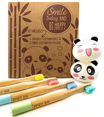 Bamboo Toothbrush Set for Kids with 4 Biodegradable Toothbrushes & 2 Panda Suction Toothbrush Holders, Eco Friendly, Organic Brushes for Children w Extra Soft Bristles, 6 PC Set, Perfect Easter Gift