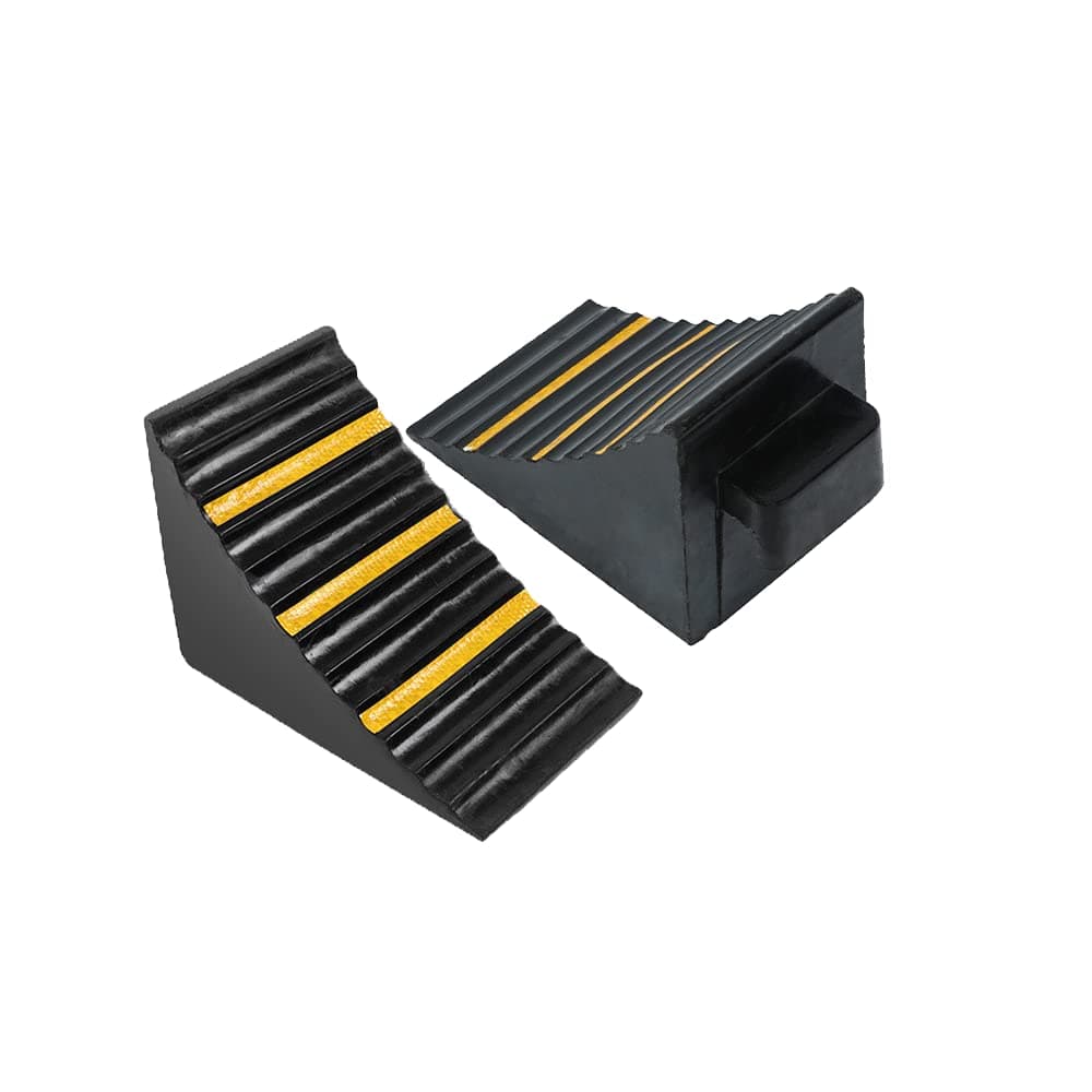 mosegor Wheel Chocks 2 Pack Rubber Tyre Saver 16 x 25 x 19 cm Non-slip Brake Stoppers Heavy Duty Car Wedge with Handles and Yellow Strips for Cars Travel Trailer Vehicles RV Trucks and ATV Black