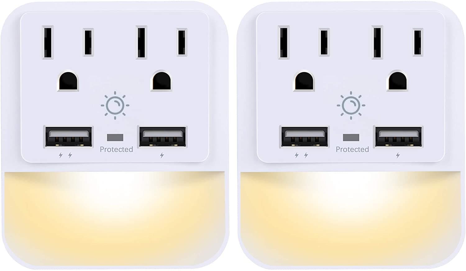 USB Wall Charger, Outlet Adapter, POWRUI 2-Pack Surge Protector(1080 Joules) with Dual USB Charger Ports(2.4A Total), Dual Outlet Extender and Dusk-to-Dawn Sensor Night Light, White, ETL Certified