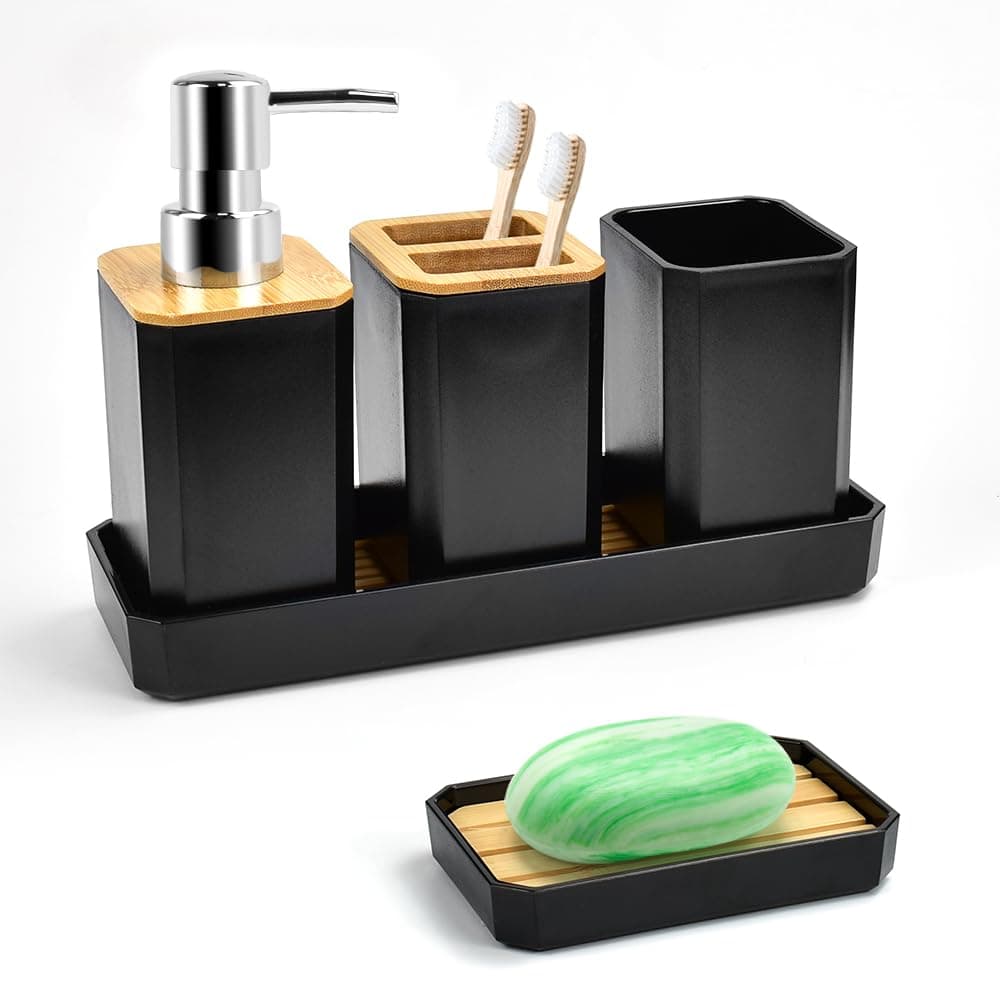 5 PCS Bathroom Accessories Set, Bathroom Accessory Gift Set with Soap Dispenser Pump, Soap Dish, Toothbrush Holder, Tumbler Cup, Vanity Tray, Modern Bath Decor for Toothbrush Holder (Black)