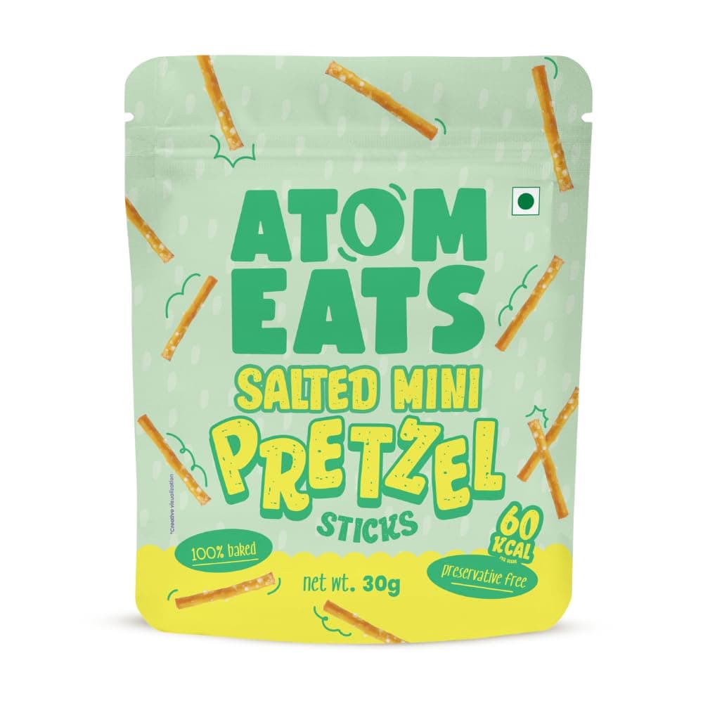 Atom Eats Salted Pretzel Mini Sticks 30g | Savory Snacks, Crunchy Namkeen - Perfect for Snack Box, Parties, On-the-Go and Delicious - Great Food Items for Dipping, Solo Snacking