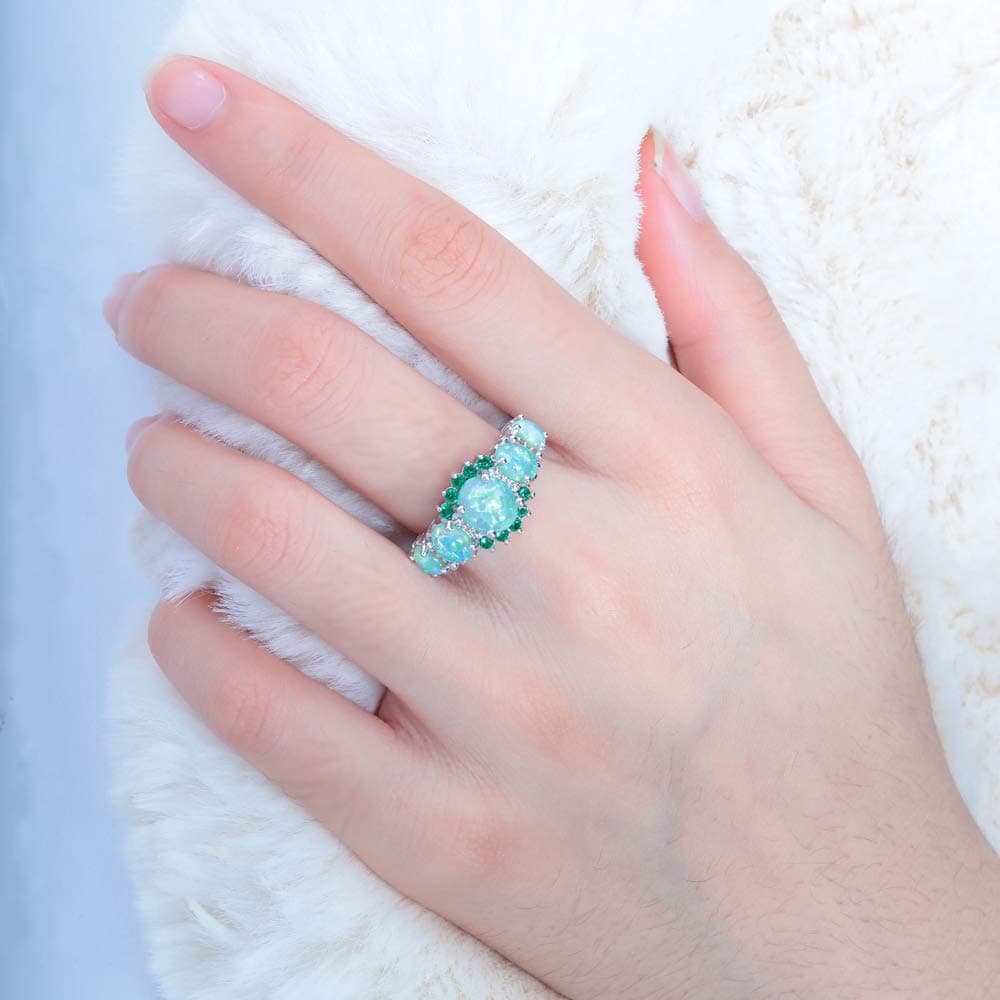 CiNily Silver Plated Green/Pink/White Fire Opal Ring Emerald Gemstone Ring Size 5-12