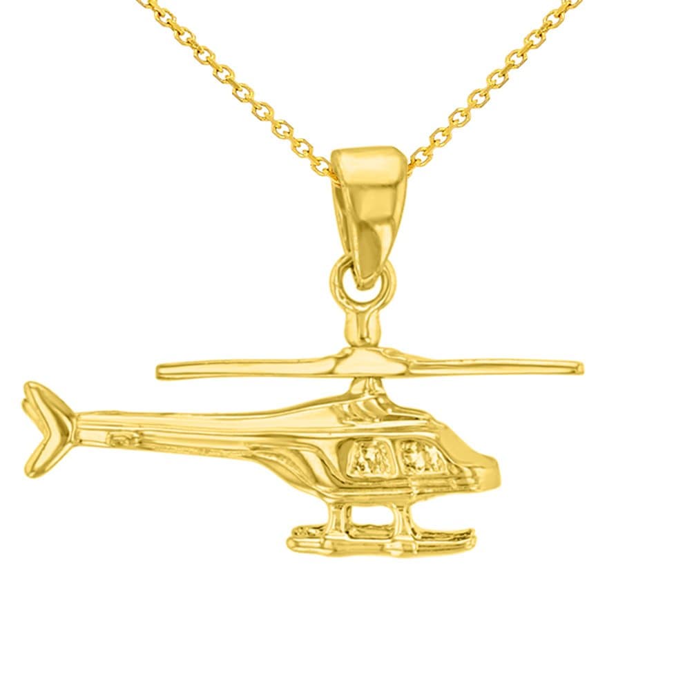 Solid 14K Yellow Gold Helicopter with Motion Moving Propeller Pendant Necklace