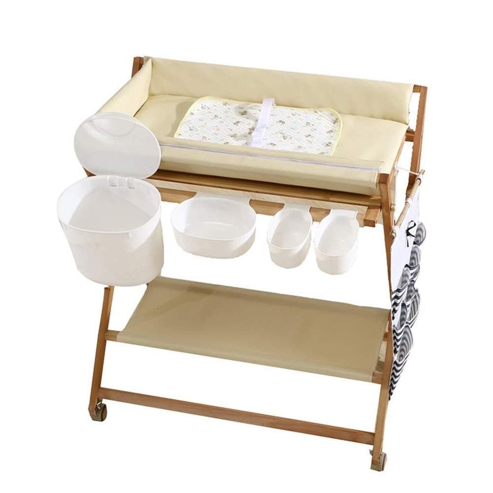 Changing tables Diaper chaging tables Folding with Storage, Wooden Adjustable Massaging & Bath Station Dresser for 0-24 Months baby, Beige