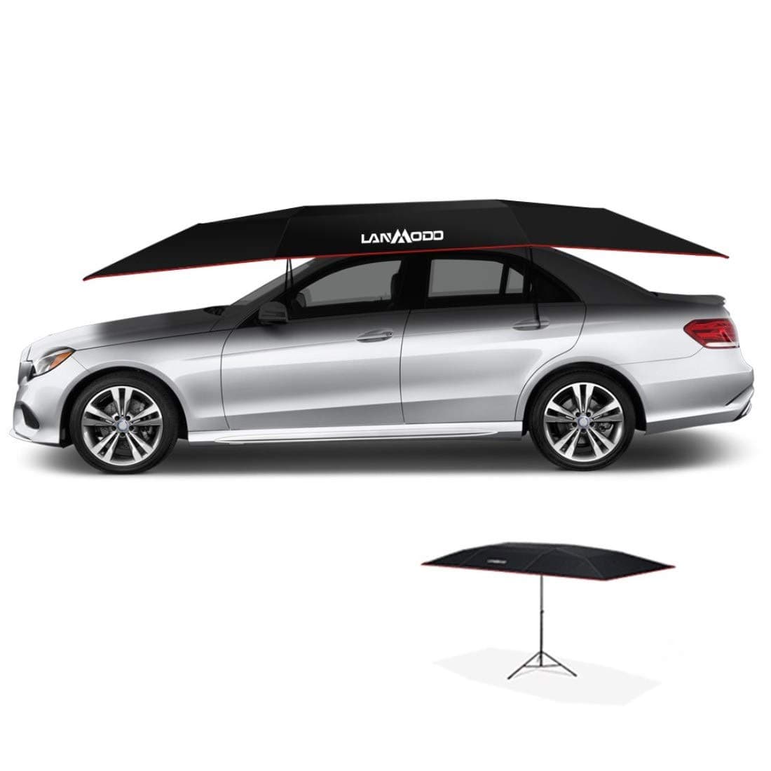 LANMODO Car Tent,Portable Automatic Car Umbrella Remote Control,Automobile Protection Automatic Car Cover,Can Be Beach/Fishing Umbrella,Sunscreen,Anti-UV,Snow Proof(3.5M Auto with Stand,Black)