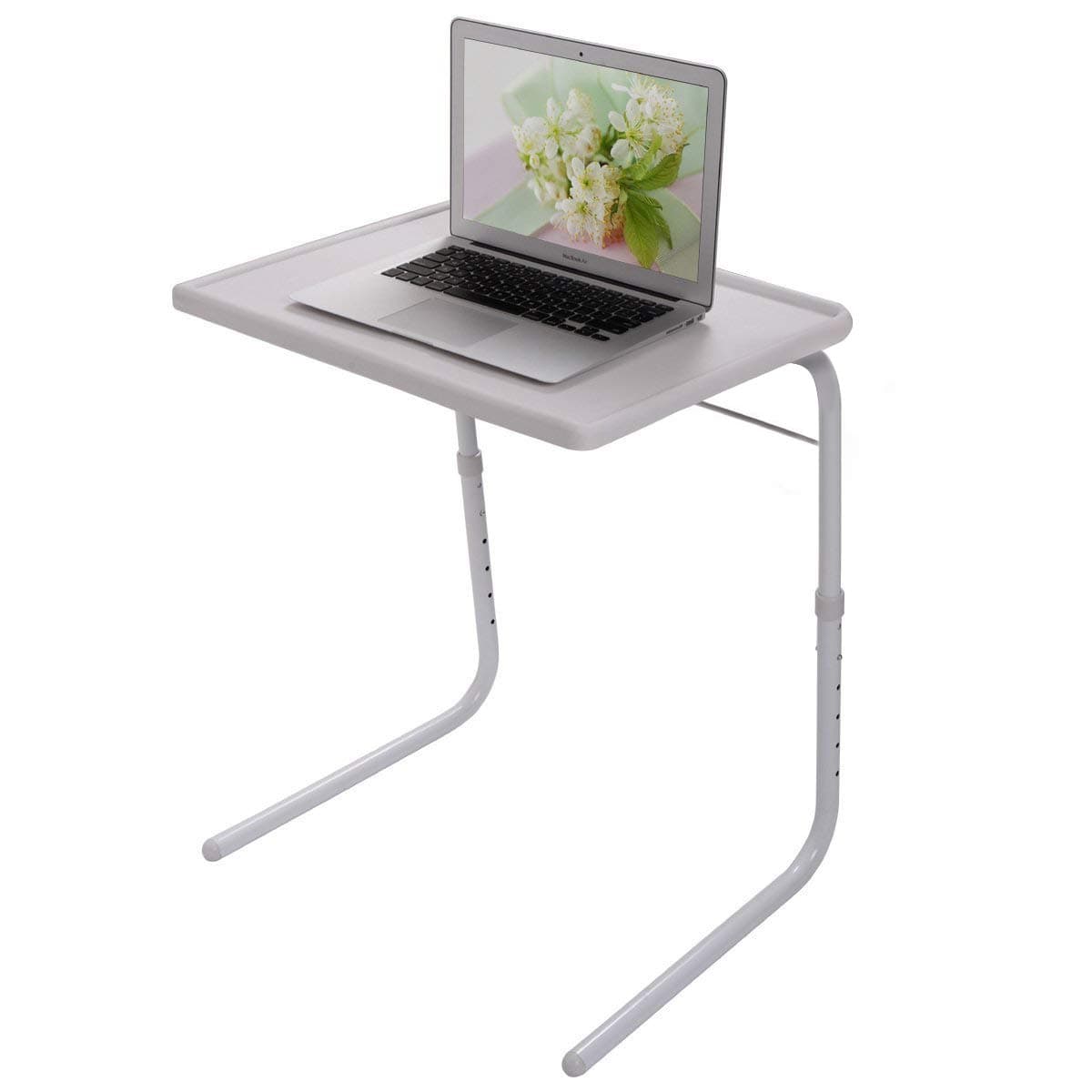 SSLine Folding Sofa Side Snack Table Height Adjustable Breakfast TV Tray Portable Lifting Laptop Desk Overbed Table with Tilting Top - White