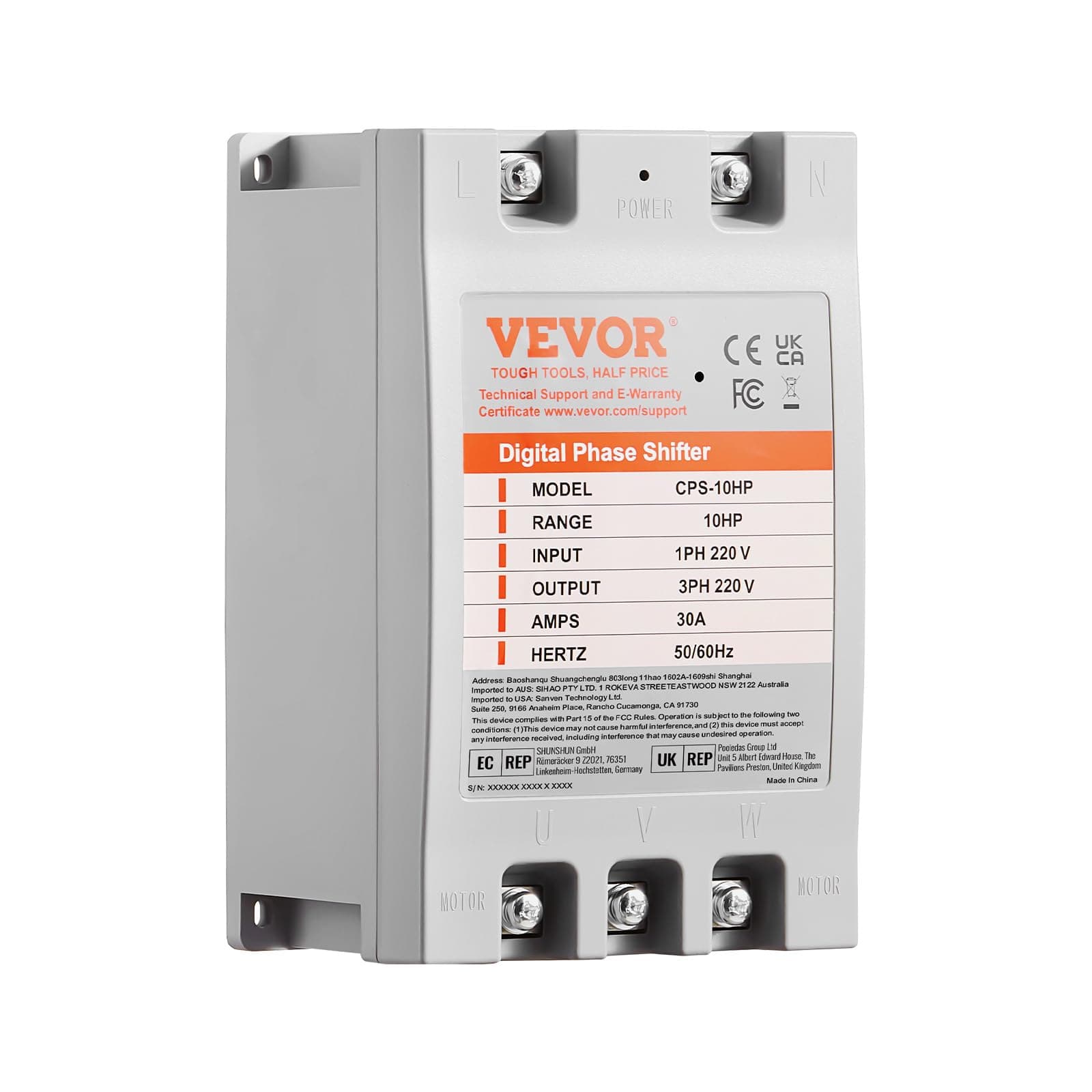 Single Phase to 3 Phase Converter - 10HP 30A 220V Input/Output Digital Phase Shifter for Residential & Light Commercial Use (One Converter for One Motor Only)