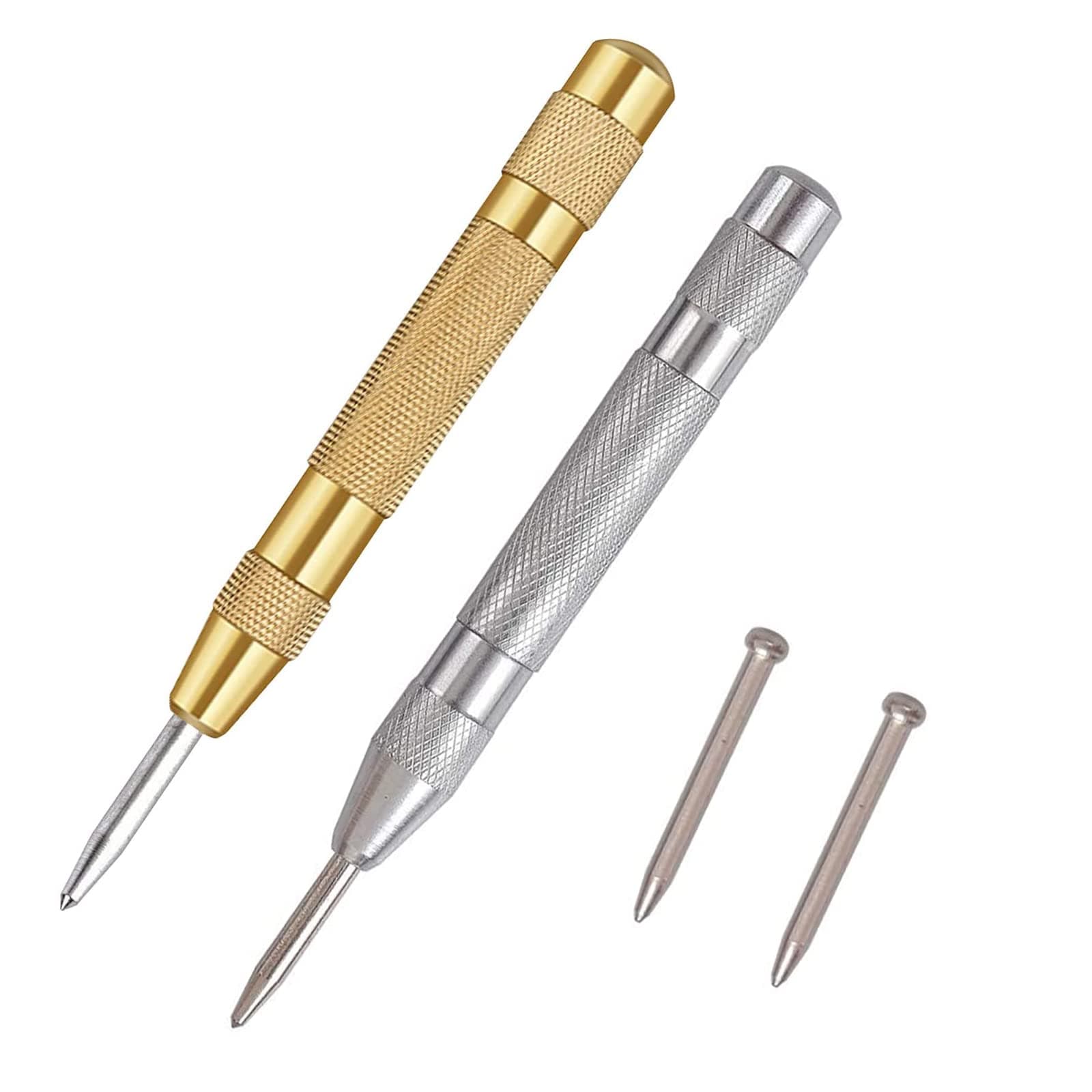 Automatic Centre Punch Tool, 2 Pcs Auto Mark Hole Tool Spring Loaded Brass Body Screw Stainless Steel Determine Drilling Position for Metal Hand Tool for Steel, Metal or Wood with 2 Replacement Tips