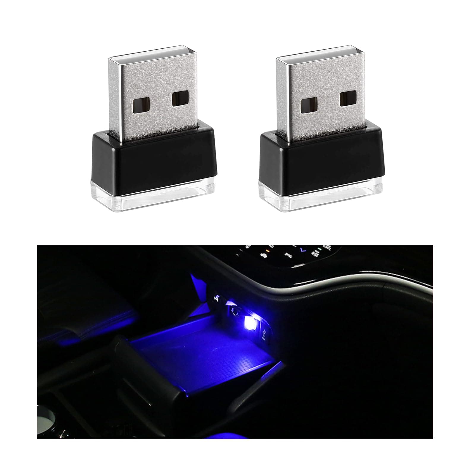2 PCS USB LED Car Interior Atmosphere Lamp, Portable Mini LED Night Light, Plug-in USB Interface Trunk Ambient Lighting Kit, Universal Interior Car Accessories (Blue)