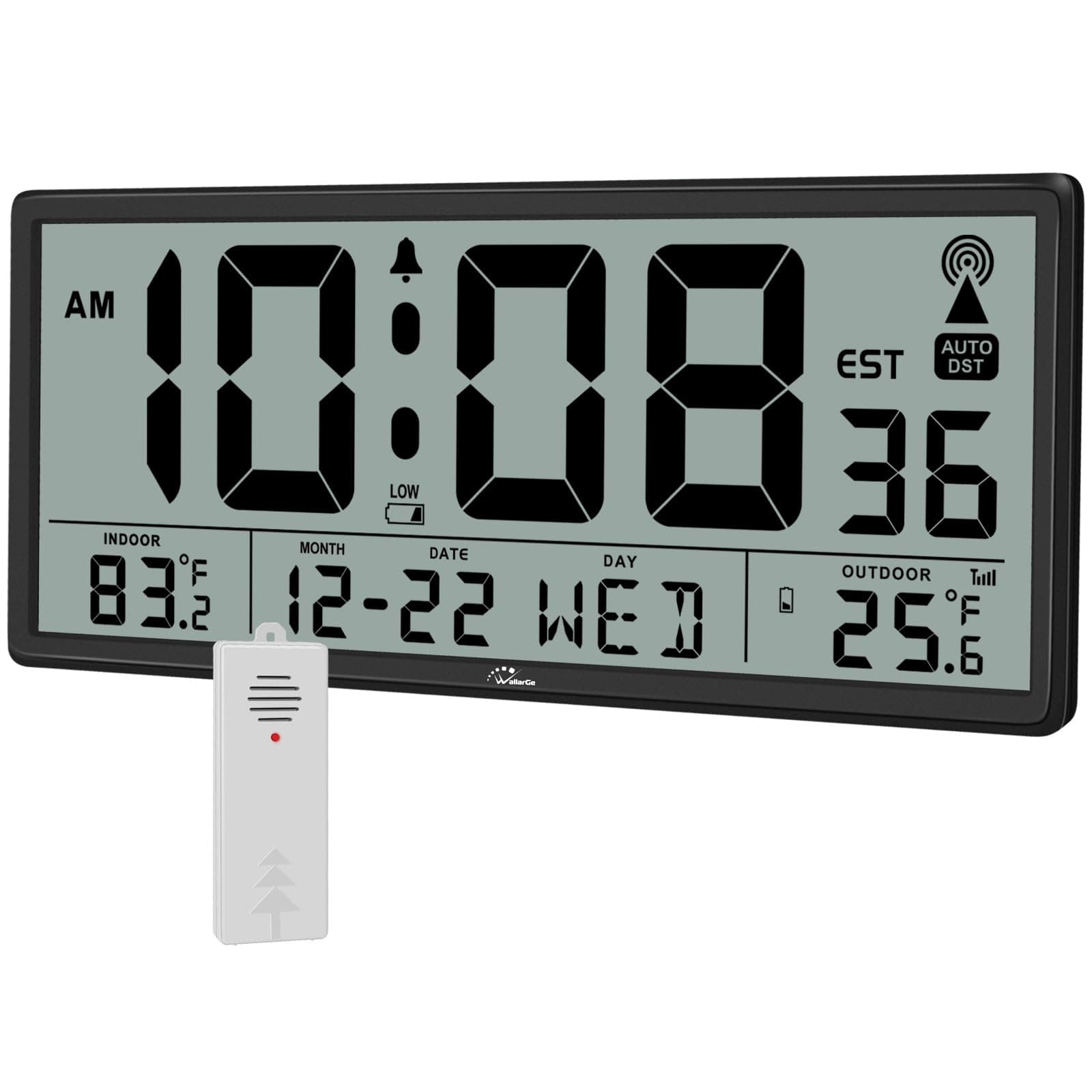 WallarGe Atomic Clock with Indoor Outdoor Temperature - Easy to Read - Self Setting, 14.5'' Jumbo Auto Set Digital Wall Clock Battery Operated