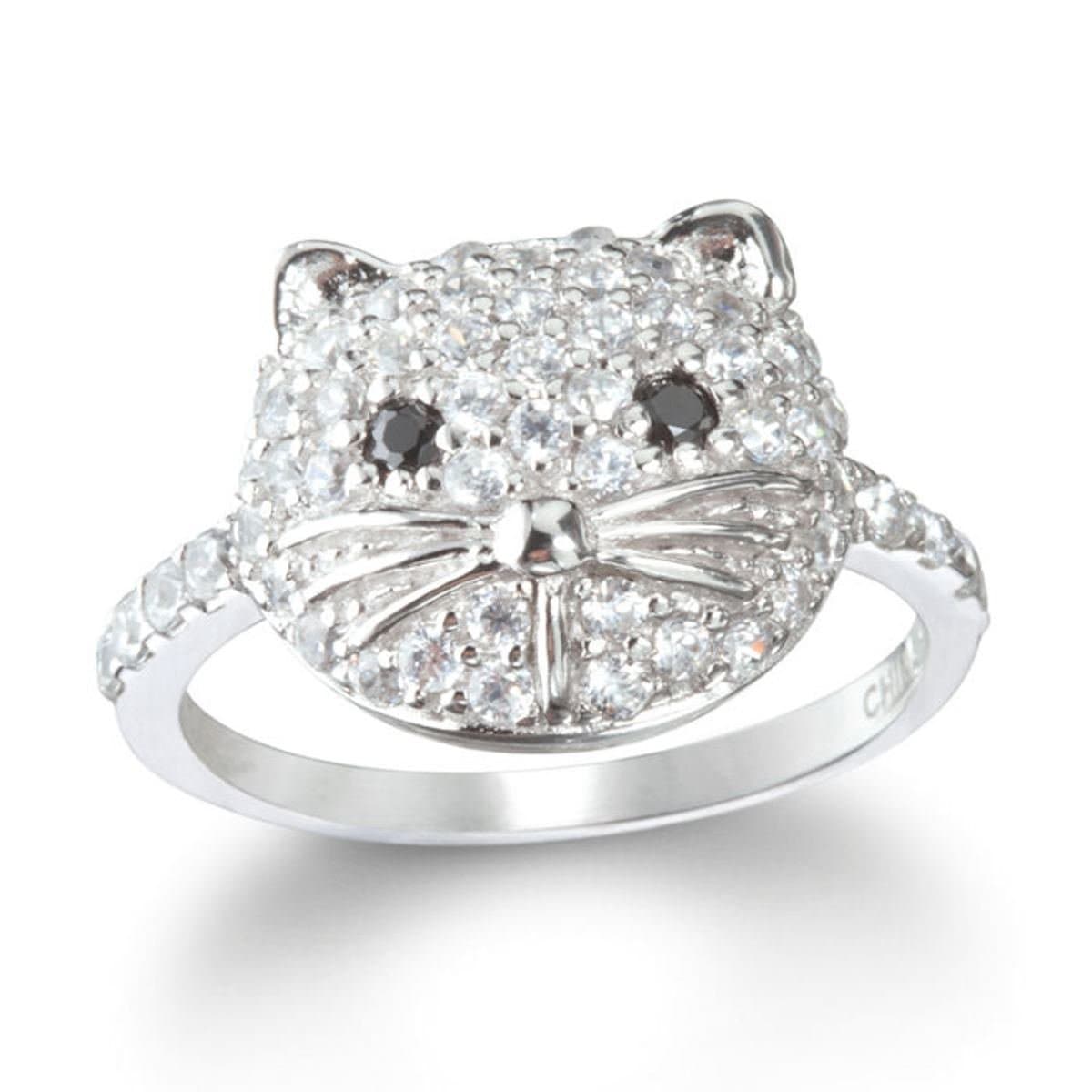CHELINE Rhodium Plated Silver White CZ Cat Face Ring