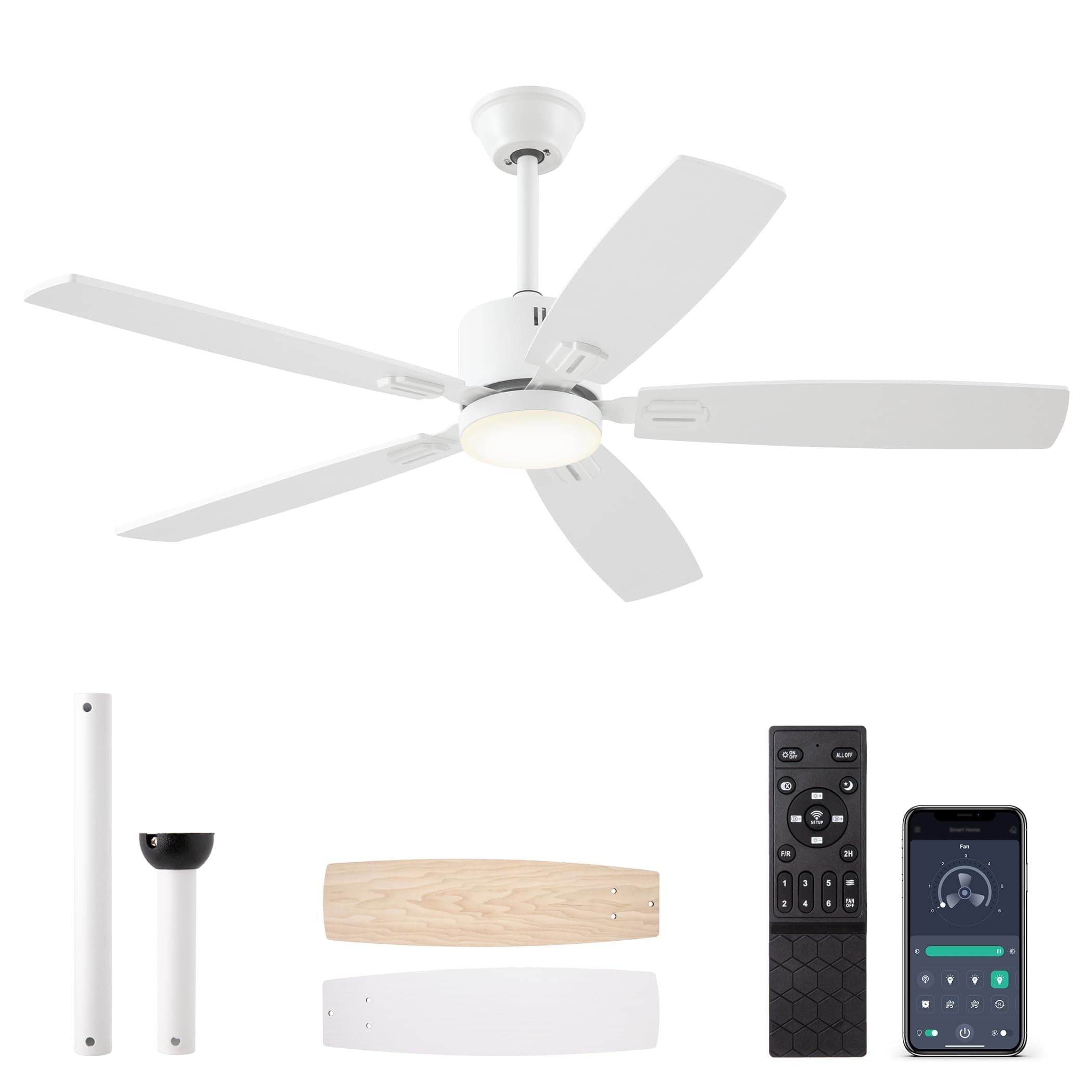 SUNMORY 52" Ceiling Fans with Lights, Smart Ceiling Fan with APP and Remote Control, Reversible DC Motor, Noiseless, Stepless Dimmable, Modern Ceiling Fan for Indoor/Outdoor Use, White