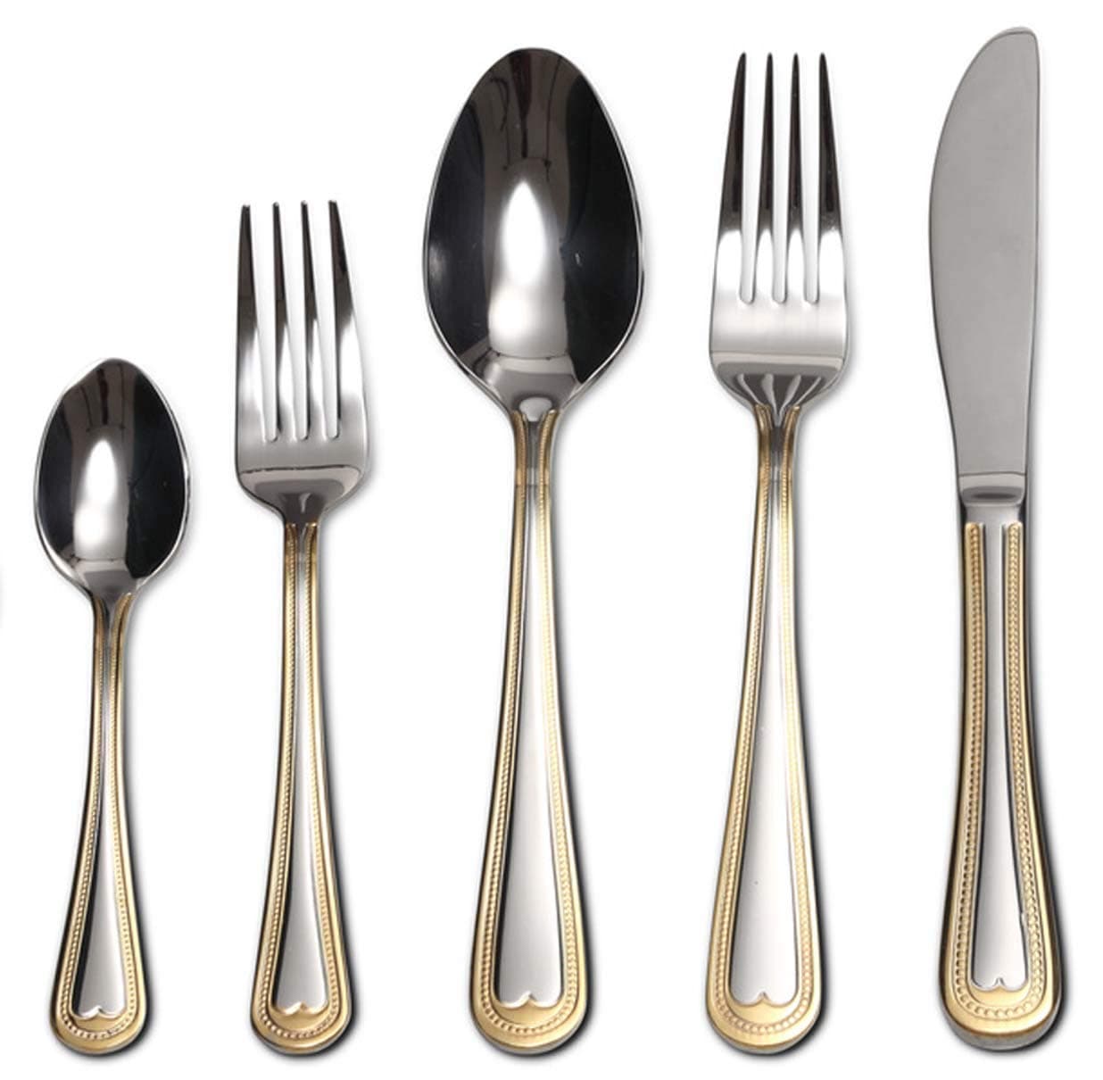Flatware Set 20-Piece Service for 4, 18/10 Stainless Steel Silverware Cutlery, 24k Gold Plated Accent (gold sets) (Gold Beads)