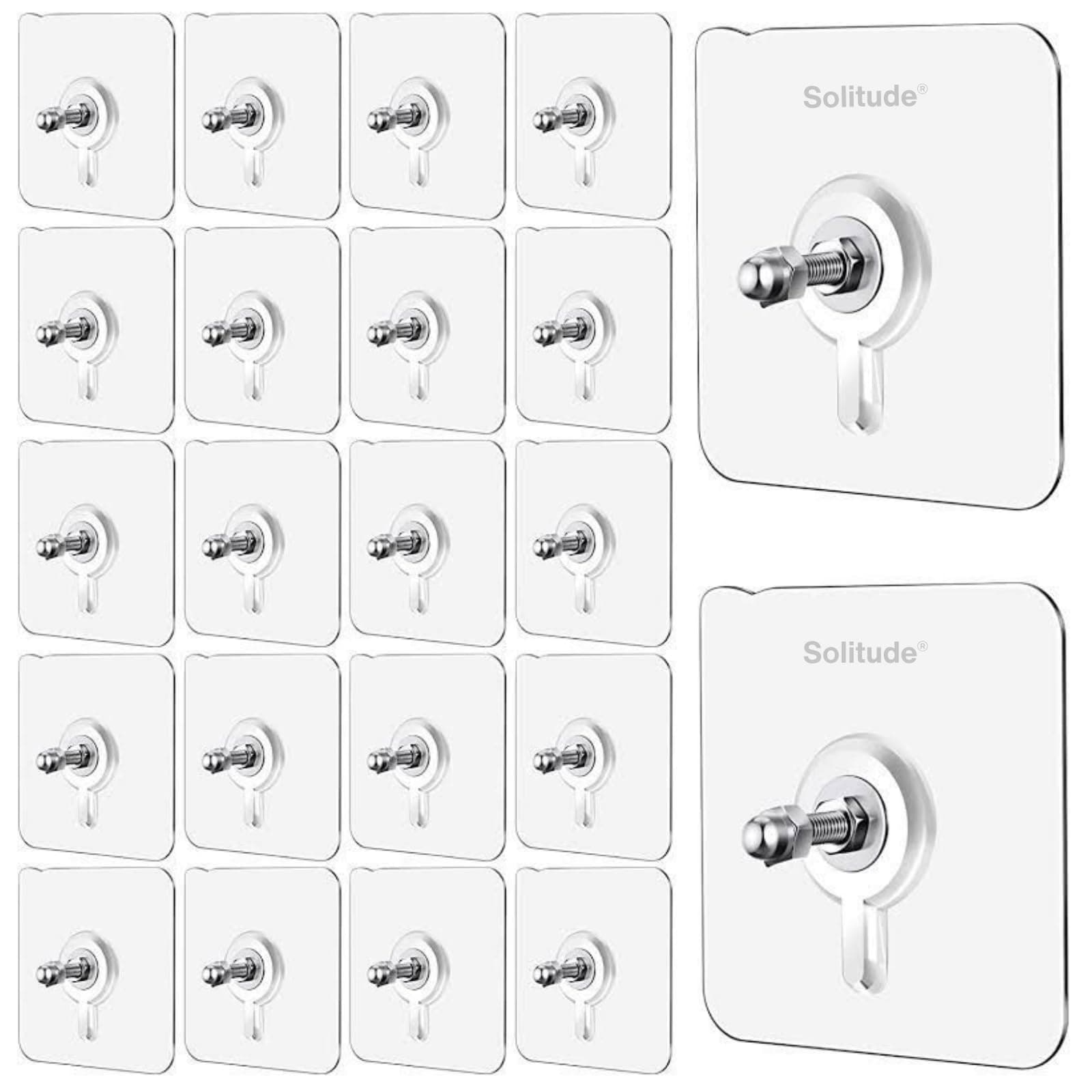 Solitude 20 Pack Heavy Duty Self-Adhesive Screw Hooks as Strong Wall Hanging Solutions Without Drilling for Kitchen and Bathroom Accessories (Screw Hook Hanger, Transparent)
