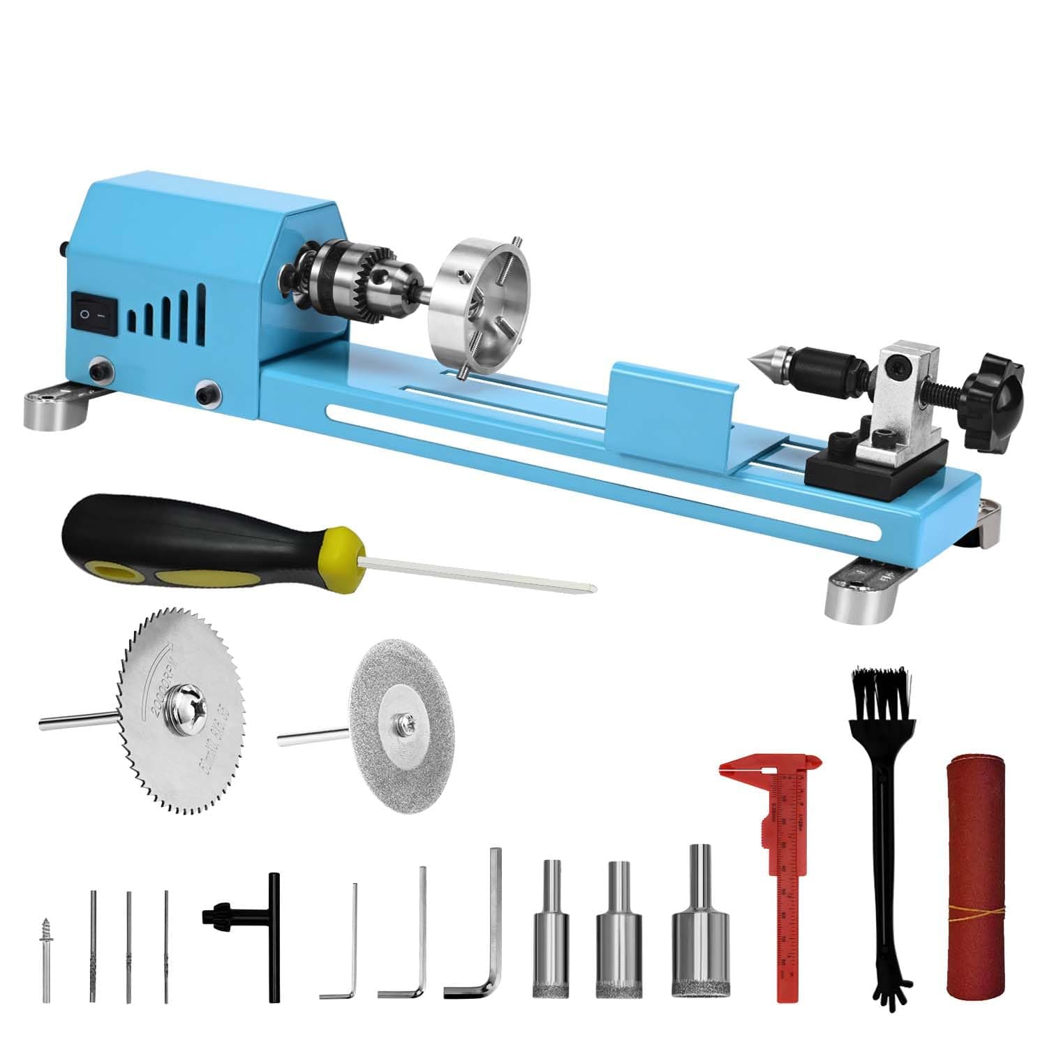 Mini Lathe Wood Lathe Machine Multi-Purpose Type Lathe Milling Cutting Grinding Polishing Professional Table Top Lathe Tool Kit