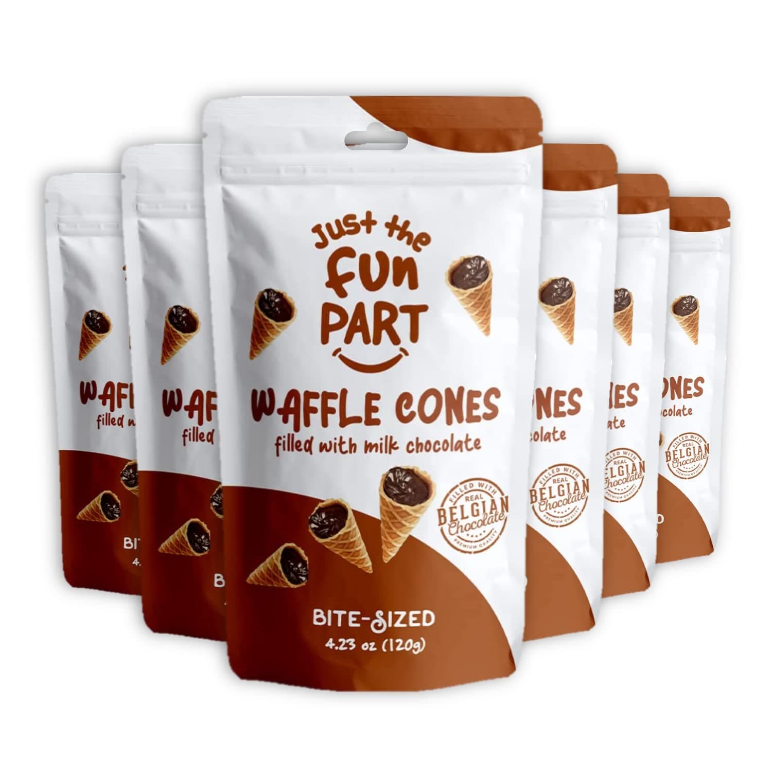 Bite-Sized Mini Crispy Waffle Cones with Premium Belgian Chocolate, Great for Snacks, Desserts, Takeout - Kosher, Milk Chocolate (Pack of 6)