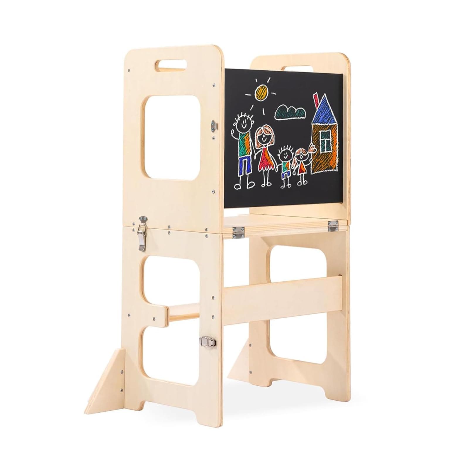 Standing Tower, Learning Standing Tower 2-in-1 Kitchen Wooden Stool Helper with Chalkboard Montessori and Waldorf Helper for Kids in Kitchen Wooden Step Stool with Desk Table and Chair (Log upgrade)