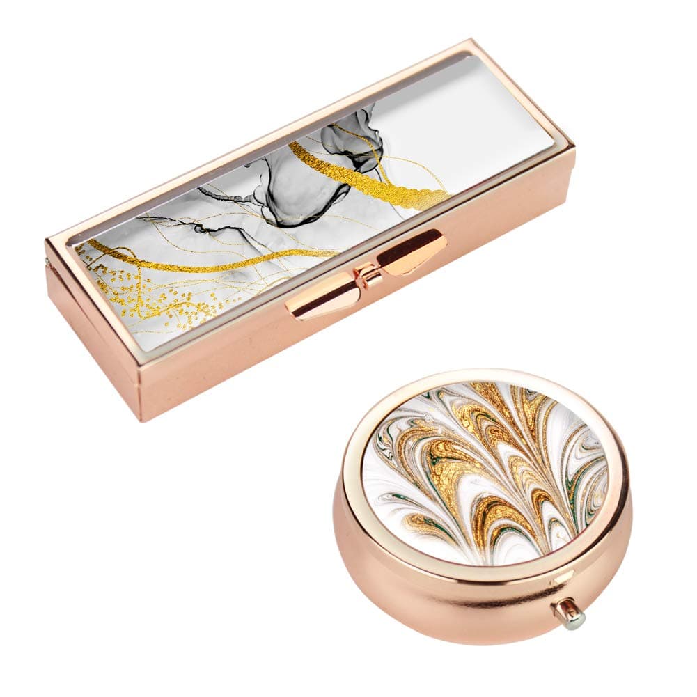 Rectangle Pill Box and Round Pill Box,Decorative Pocket Purse Portable Travel Pill Case & Medicine Organizer(2-Splash Ink1)