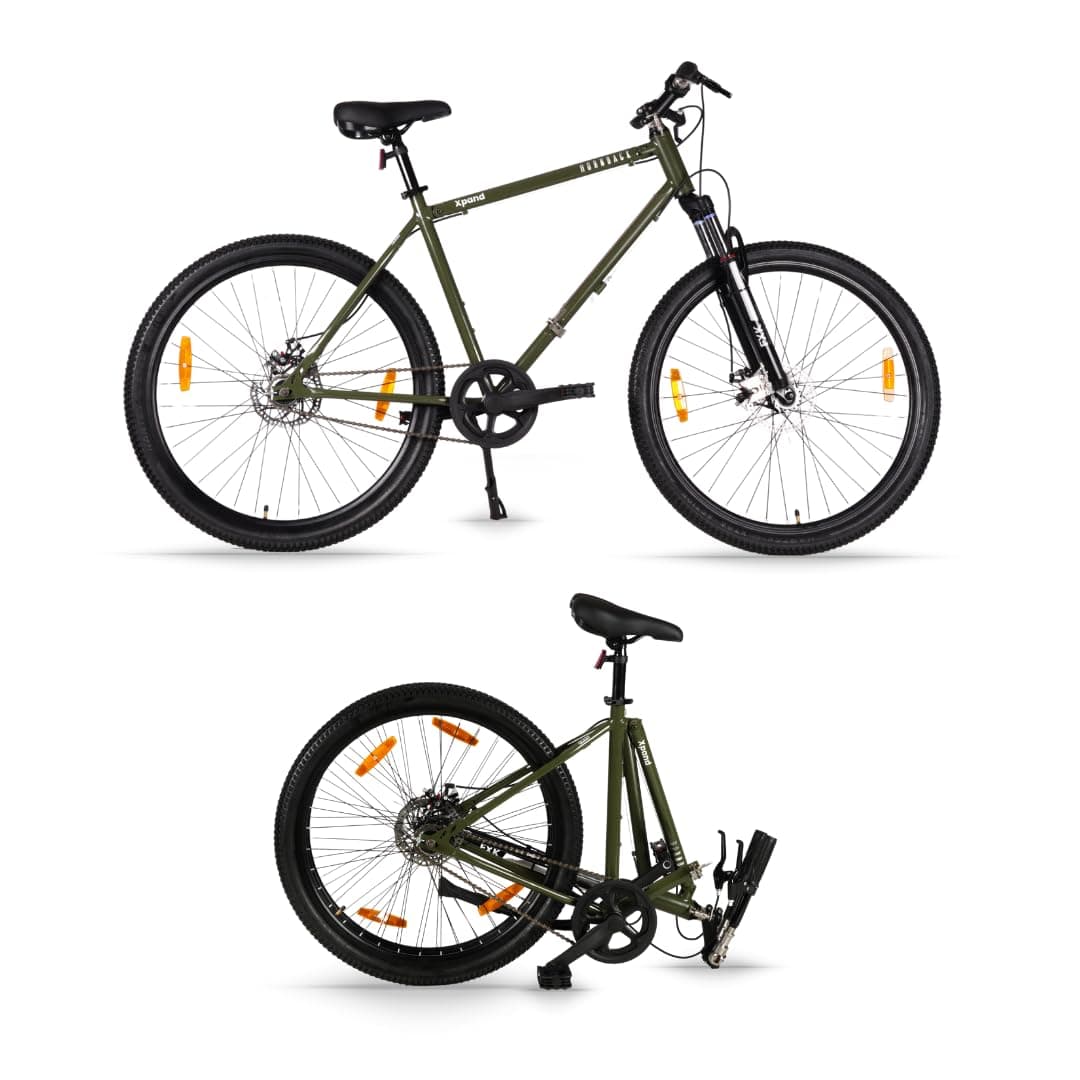 HORNBACK Xpand Foldable Mountain Cycle 27.5" | Single-Speed Bicycle with Front Suspension & Mechanical Disc Brakes | Steel Frame | Fully Assembled for Adults & Teens 13+ (Combat Green)