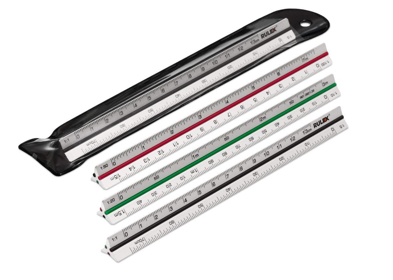 150mm mini silver metal triangular scale ruler with coloured stripes and scales: 1:1 & 1:5, 1:20 & 1:10, 1:50 & 1:100