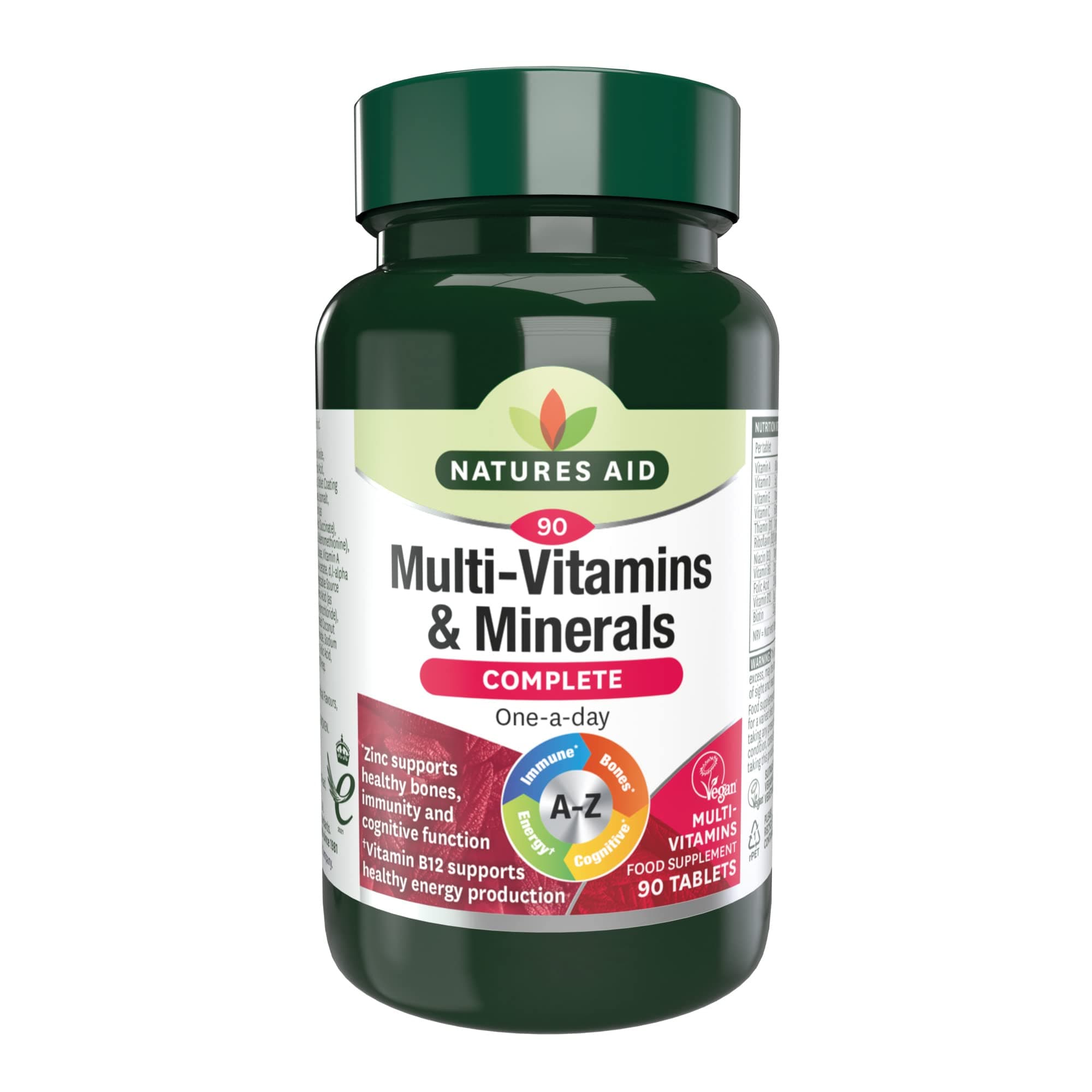 Natures Aid Multi-Vitamins and Minerals Complete | 90 Tablets | One-a-Day A-Z | Zinc Supports Cognitive Function, Healthy Bones, Immunity, and Vitamin B12 Supports Healthy Energy Production