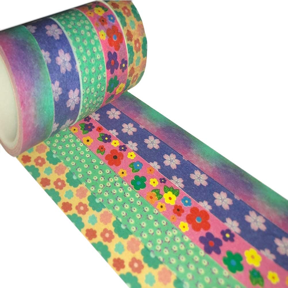 Meiwash Decorative Washi Tape Set Adhesive Multi-Pattern Washi Masking Tape Scrapbooking and Bullet Journaling Tape Decoration for DIY Gifts Arts and Crafts (Multicolor Flowers,Pack of 5)