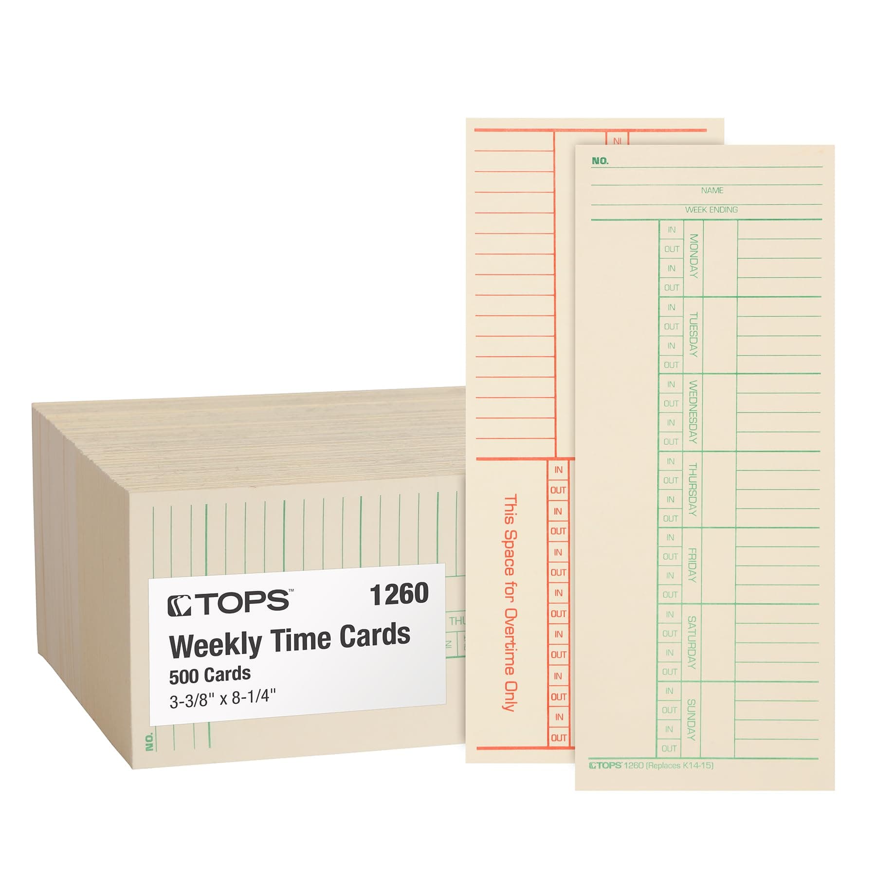 TOPS Time Cards, Weekly, 2-Sided, Named Days, 3-3/8" x 8-1/4", Manila, Green/Red Print, 500-Count (1260)