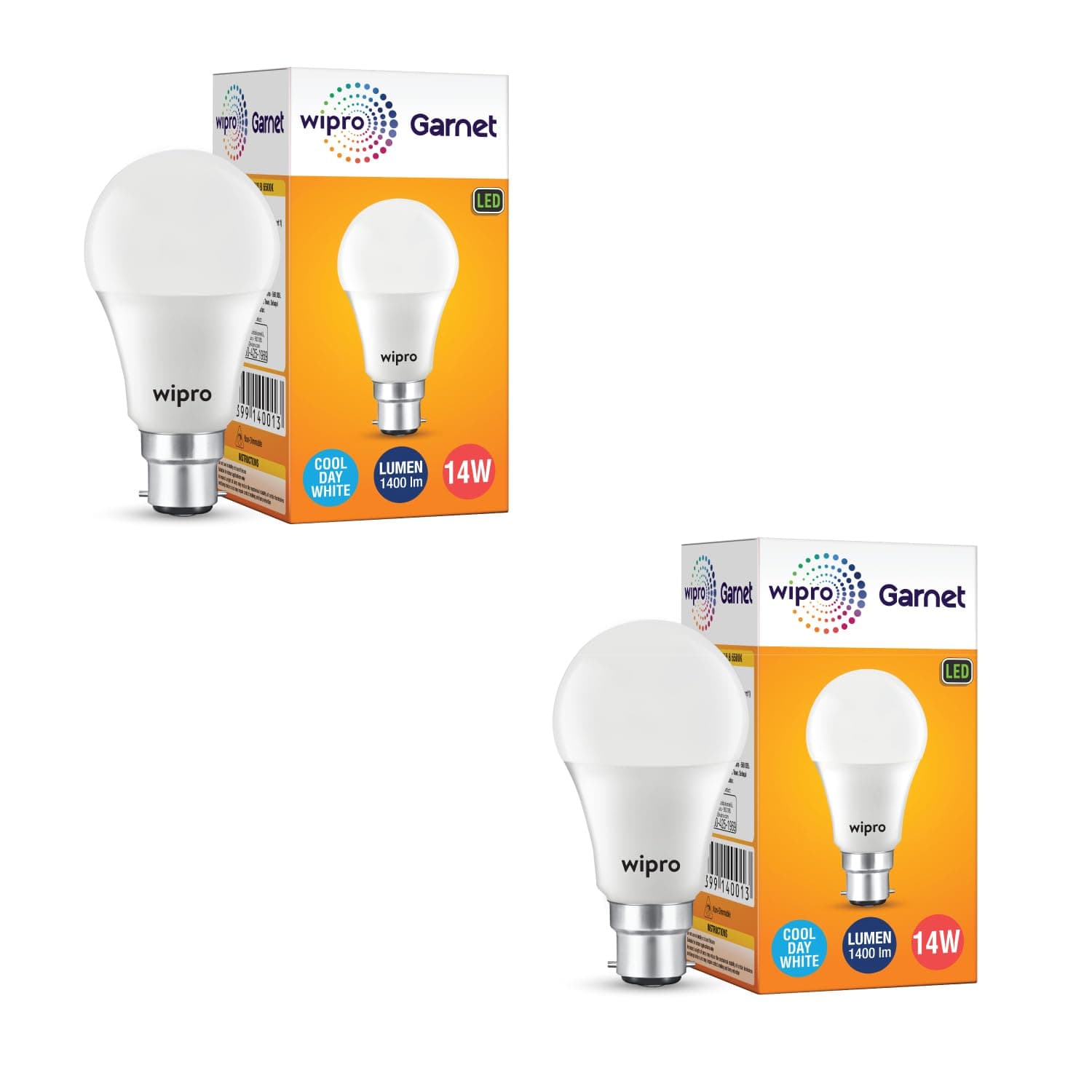 Wipro Garnet Base B22 14-Watt LED Bulb (Pack of 2, Cool Day Light)