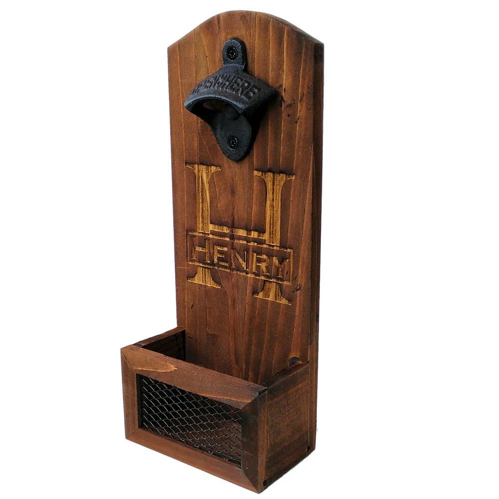 Personalized Wall Mount Rustic Walnut Wooden Bottle Opener with Cap Catcher, Wall Mounted Bottle Opener, Groomsman Gift Best Man Gift Birthday Gift Wedding Gift for Him