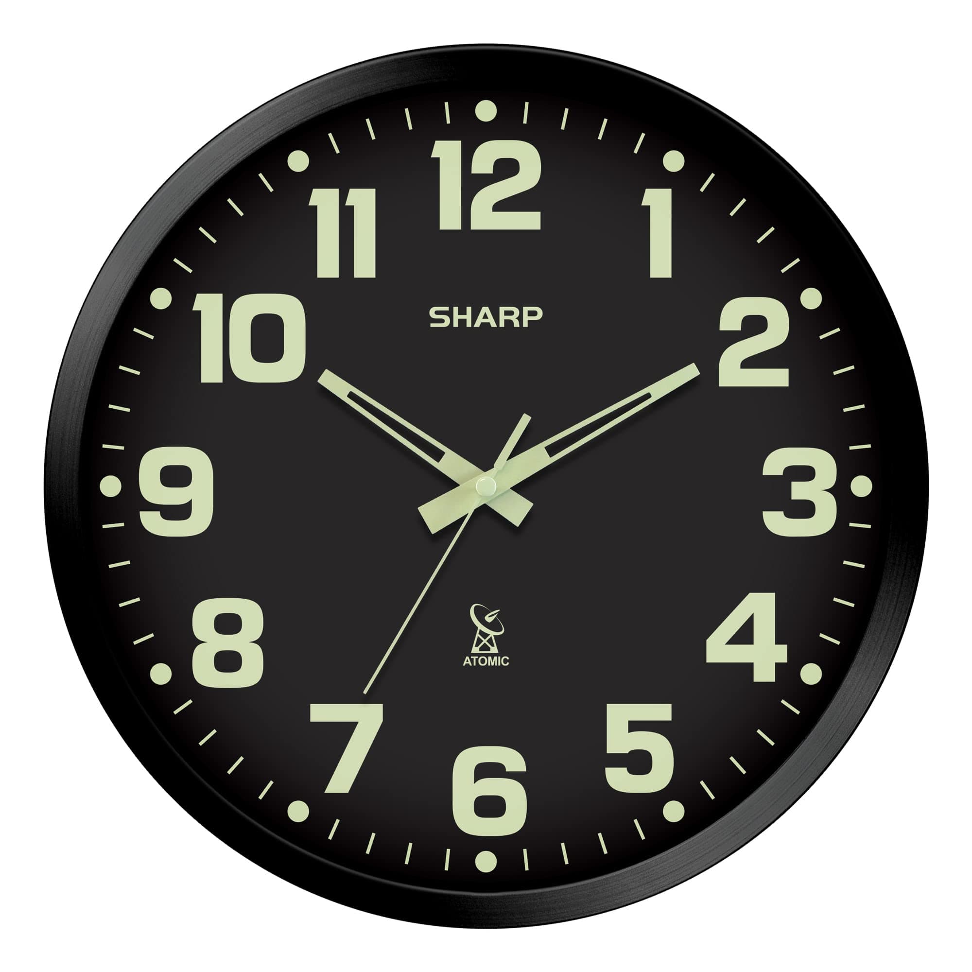 Sharp Glow in the Dark Atomic Analog Wall Clock - 12" Clock with Black Frame - Sets Automatically - Battery Operated - Easy to Read - Easy to Use – See Day or Night!