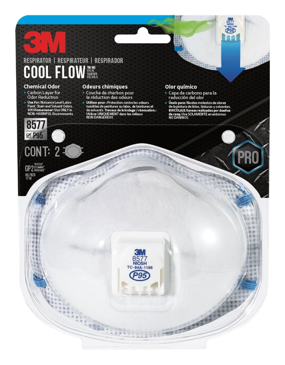 3M P95 Particulate Respirator 8577, 2 Pack, Carbon Layer For Odor Reduction, Features COOL FLOW Exhalation Valve, NIOSH-APPROVED, Advanced Filter Media For Easy Breathing, Comfortable (8577C2-DC-PS)